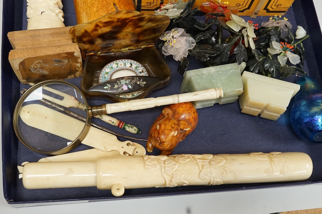 A group of mixed collectables including postcards, bone items, Chinese miniature hardstone flowers, etc.